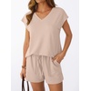image:imageAUTOMET 2 Piece Summer Short Set Matching V Neck Cap Sleeve Lounge ClothingAlmond