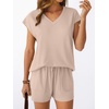 image:imageAUTOMET 2 Piece Summer Short Set Matching V Neck Cap Sleeve Lounge ClothingAlmond
