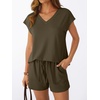 image:imageAUTOMET 2 Piece Summer Short Set Matching V Neck Cap Sleeve Lounge ClothingArmy Green