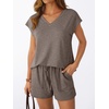 image:imageAUTOMET 2 Piece Summer Short Set Matching V Neck Cap Sleeve Lounge ClothingCoffee Grey