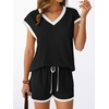 image:imageAUTOMET 2 Piece Summer Short Set Matching V Neck Cap Sleeve Lounge ClothingContrast Black