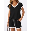 image:imageAUTOMET 2 Piece Summer Short Set Matching V Neck Cap Sleeve Lounge ClothingContrast Black