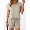 image:imageAUTOMET 2 Piece Summer Short Set Matching V Neck Cap Sleeve Lounge ClothingKhaki