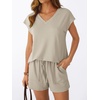 image:imageAUTOMET 2 Piece Summer Short Set Matching V Neck Cap Sleeve Lounge ClothingKhaki