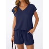 image:imageAUTOMET 2 Piece Summer Short Set Matching V Neck Cap Sleeve Lounge ClothingNavy