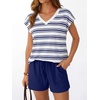 image:imageAUTOMET 2 Piece Summer Short Set Matching V Neck Cap Sleeve Lounge ClothingStriped Blue