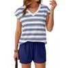 image:imageAUTOMET 2 Piece Summer Short Set Matching V Neck Cap Sleeve Lounge ClothingStriped Blue