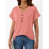 image:imageAUTOMET Womens Short Sleeve V Neck T Shirts Summer Loose Henley Casual TopsCoral