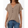 image:imageAUTOMET Womens Short Sleeve V Neck T Shirts Summer Loose Henley Casual TopsKhaki