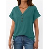 image:imageAUTOMET Womens Short Sleeve V Neck T Shirts Summer Loose Henley Casual TopsLake Green