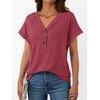 image:imageAUTOMET Womens Short Sleeve V Neck T Shirts Summer Loose Henley Casual TopsRose Red