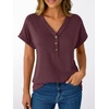 image:imageAUTOMET Womens Short Sleeve V Neck T Shirts Summer Loose Henley Casual TopsWine