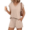 image:imageAUTOMET 2 Piece Summer Short Set Matching V Neck Cap Sleeve Lounge ClothingAlmond