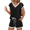 image:imageAUTOMET 2 Piece Summer Short Set Matching V Neck Cap Sleeve Lounge ClothingContrast Black