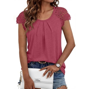 image:imageAUTOMET Women Lace Pleated Short Sleeve Shirts Summer Casual Dressy BlousesBerry