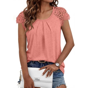 image:imageAUTOMET Women Lace Pleated Short Sleeve Shirts Summer Casual Dressy BlousesCoral