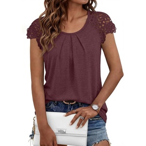 image:imageAUTOMET Women Lace Pleated Short Sleeve Shirts Summer Casual Dressy BlousesWine