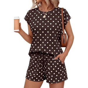image:imageAUTOMET Womens 2 Piece Summer Matching Lounge Short Sets with PocketsBrown Polka Dot