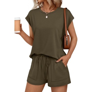 image:imageAUTOMET Womens 2 Piece Summer Matching Lounge Short Sets with PocketsDark Army Green