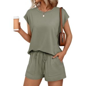 image:imageAUTOMET Womens 2 Piece Summer Matching Lounge Short Sets with PocketsOlive Green