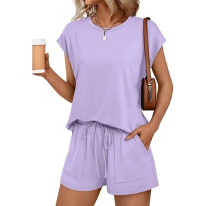 image:imageAUTOMET Womens 2 Piece Summer Matching Lounge Short Sets with PocketsPurple