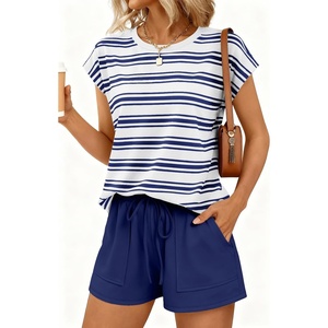 image:imageAUTOMET Womens 2 Piece Summer Matching Lounge Short Sets with PocketsStriped Blue