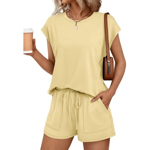 image:imageAUTOMET Womens 2 Piece Summer Matching Lounge Short Sets with PocketsYellow