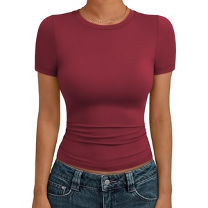 image:imageAUTOMET Womens Crewneck Short Sleeve TShirt Sexy Slim Fit Basic Going Out TopsBurgundy