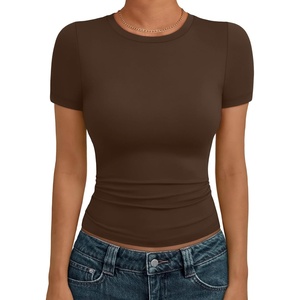 image:imageAUTOMET Womens Crewneck Short Sleeve TShirt Sexy Slim Fit Basic Going Out TopsChocolate