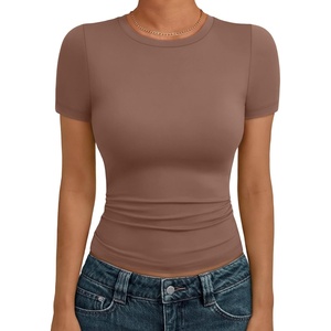 image:imageAUTOMET Womens Crewneck Short Sleeve TShirt Sexy Slim Fit Basic Going Out TopsCoffee