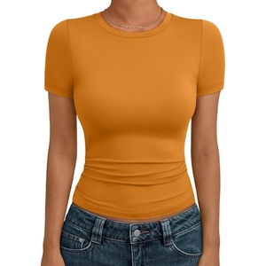 image:imageAUTOMET Womens Crewneck Short Sleeve TShirt Sexy Slim Fit Basic Going Out TopsGolden Ochre