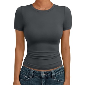 image:imageAUTOMET Womens Crewneck Short Sleeve TShirt Sexy Slim Fit Basic Going Out TopsGray