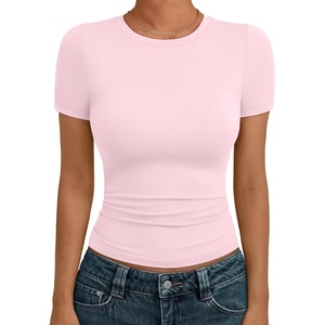 image:imageAUTOMET Womens Crewneck Short Sleeve TShirt Sexy Slim Fit Basic Going Out TopsPink