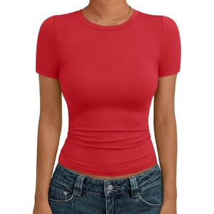 image:imageAUTOMET Womens Crewneck Short Sleeve TShirt Sexy Slim Fit Basic Going Out TopsRed