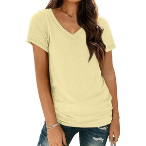 image:imageAUTOMET Womens Short Sleeve TShirts V Neck Summer Tops Basic Tees 2026Light Apricot