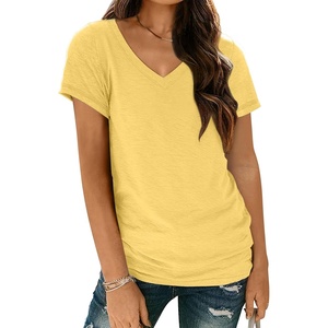 image:imageAUTOMET Womens Short Sleeve TShirts V Neck Summer Tops Basic Tees 2026Yellow
