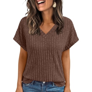 image:imageAUTOMET Womens Short Sleeve V Neck Cute Tops 2026 Fall Fashion SweatersChocolate Brown
