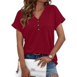 image:imageAUTOMET Womens Short Sleeve V Neck T Shirts Summer Loose Henley Casual TopsRed