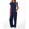 image:imageAUTOMET Womens 2 Piece Lounge Set Casual Cap Sleeve Top Wide Leg Pants Summer Vacation OutfitsNavy