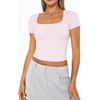 image:imageAUTOMET Womens Double Lined Short Sleeve Square Neck Crop TopPink
