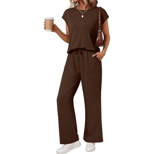 image:imageAUTOMET Womens 2 Piece Lounge Set Casual Cap Sleeve Top Wide Leg Pants Summer Vacation OutfitsCocca