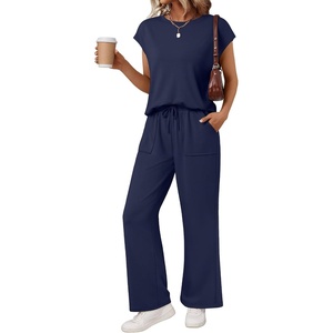 image:imageAUTOMET Womens 2 Piece Lounge Set Casual Cap Sleeve Top Wide Leg Pants Summer Vacation OutfitsNavy