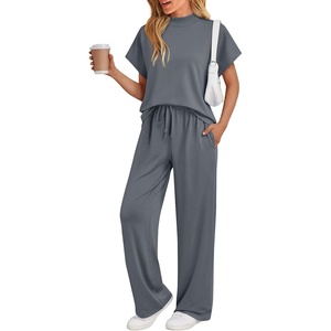 image:imageAUTOMET Womens 2 Piece Matching Lounge Sets 2026 Summer Mock Neck Sweatsuits Short Sleeve Loungewear Travel OutfitsBlue Grey