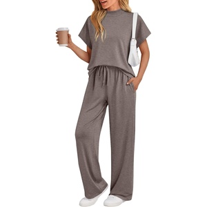 image:imageAUTOMET Womens 2 Piece Matching Lounge Sets 2026 Summer Mock Neck Sweatsuits Short Sleeve Loungewear Travel OutfitsHeather Mocha