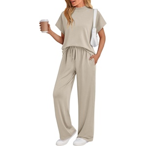 image:imageAUTOMET Womens 2 Piece Matching Lounge Sets 2026 Summer Mock Neck Sweatsuits Short Sleeve Loungewear Travel OutfitsKhaki