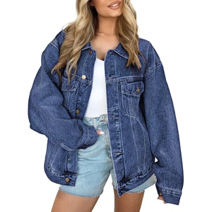 image:imageAUTOMET Womens Button Down Oversized Jeans Jacket with PocketsDark Blue