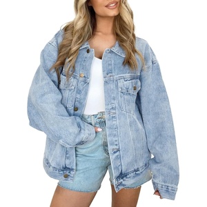 image:imageAUTOMET Womens Button Down Oversized Jeans Jacket with PocketsLight Blue