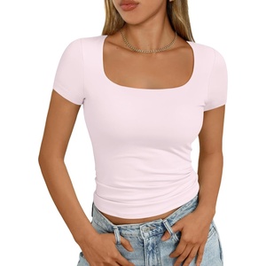 image:imageAUTOMET Womens Double Lined Short Sleeve Square Neck Crop TopPink