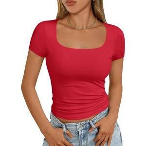 image:imageAUTOMET Womens Double Lined Short Sleeve Square Neck Crop TopRed