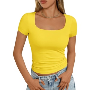 image:imageAUTOMET Womens Double Lined Short Sleeve Square Neck Crop TopYellow